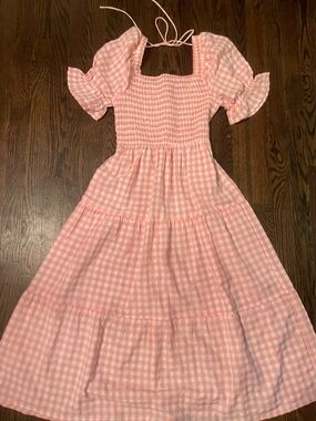 Woman’s Pink Gingham Smocked Midi Dress